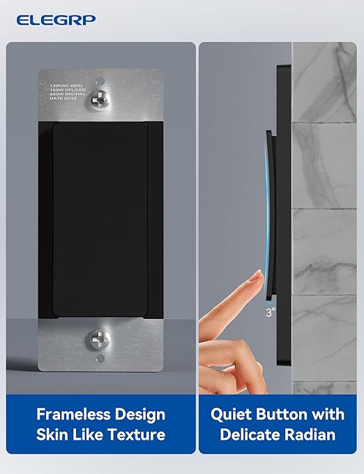 ELEGRP Smart Light Switch, 2.4GHz Wi-Fi Light Switch Compatible with Alexa & Google Assistant, Neutral Wire Required, APP Control and Timer Schedule, UL Certified, Single Pole/3 Way, Black, 1 Pack