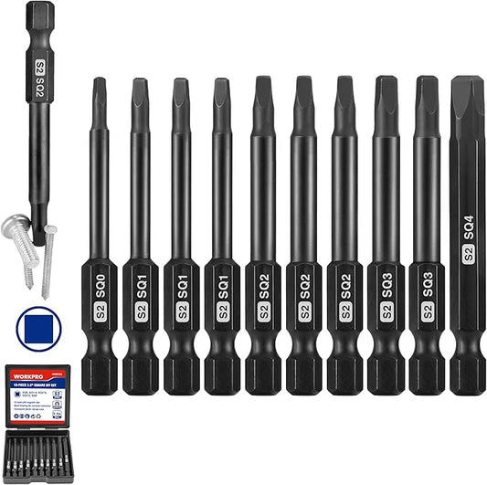 WORKPRO 10pcs Square Bit Set, CNC Machined S2 Steel Magnetic Screwdriver Bits Set, 1/4 Inch Hex Shank Driver Bits, 2.3 Inch Long Screwdriver Bits Set with Storage Box