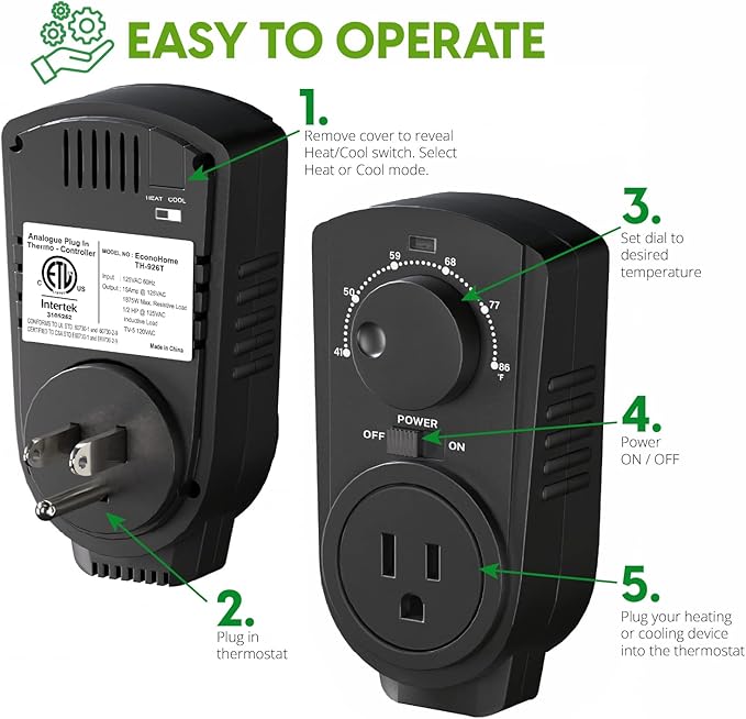 EconoHome Adjustable Thermostat - Universal Plugin Heating & Cooling Thermostat - Compatible with Most EconoHome Wall Mount Space Heaters
