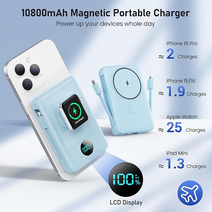 Magnetic Portable Charger for iPhone with Built-in Cables, 6-in-1 10800mAh Power Bank with iWatch Charger & LCD Display,25W Fast Charging Battery Pack for iPhone 16/15/14/13/12,Apple Watch (Sky Blue)