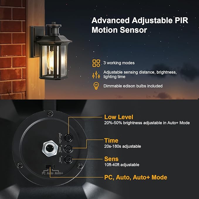 Motion Sensor Outdoor Lights, 3 Adjustable Lighting Modes Porch Lights, Dusk to Dawn Exterior Light Fixtures Wall Mount, Anti-Rust & Waterproof Outside Wall Lantern Sconce for House, Bulb Included