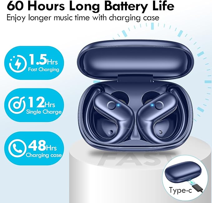 kurdene Wireless Earbuds Bluetooth Headphones Sport,Over Ear Buds with Deep Bass Sound,60Hrs Playtime Earphones Redesigned Comfort Fit with Earhooks for Running,Meeting,Workout-Blue