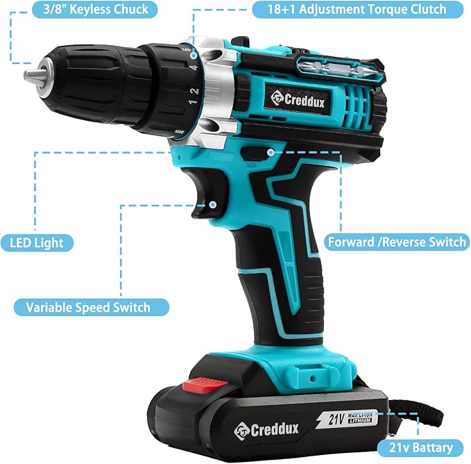 Cordless Drill Set 21v Power Drill Cordless With Battery & Charger, 84pcs Accessories Electric Drills Variable Speed, 3/8" Keyless Chuck, Built-In Level and 2 Driver Bule kit