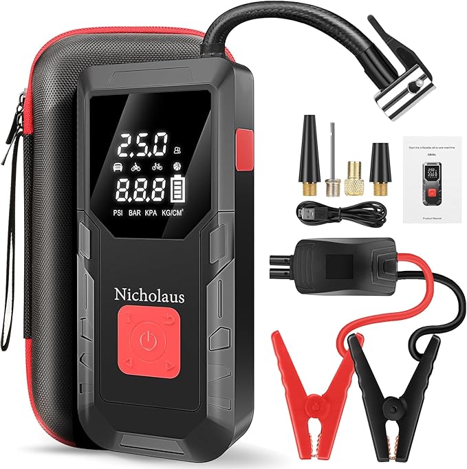 12 V Car 8000 mAh Battery Jump Starter 2800A with 150psI Air Compressor, Safe Smart Light and Practical Edition QB08L, Portable Jump Box and Charger for 6.0L Gas and 3.0L Diesel Engines.