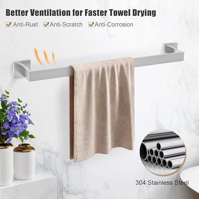 TQKAG Brushed Nickel Bathroom Hardware Accessories Set 5 Pieces, Double Post Pivoting Toilet Paper Holder Set Stainless Steel Square Bathroom Towel Bar Holder Set Wall Mounted