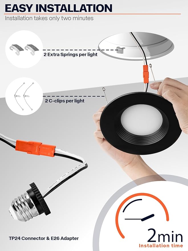 24 Pack 5/6 Inch Black LED Can Lights Retrofit Recessed Lighting, 5CCT 6 Inch Recessed Lights Selectable 2700K-6000K Dimmable, 12W=75W, 1200LM Downlight with Metal Smooth Trim-ETL and Energy Star