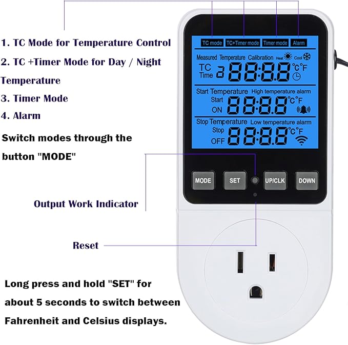 Digital Day Night Thermostat Outlet Plug with Timer, Heating Cooling Multi Period Temperature Controller, LCD Screen Outlet Socket for Reptile Incubator Greenhouse Brewing Refrigerator 110V