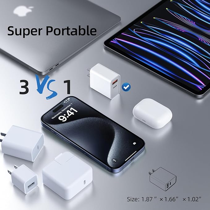 30W USB Fast Charger，2-Pack PD+QC Charger Adapter Block for iPhone 13/14/15/16/Pro/Pro Max/Plus/iPad/MacBook air, AirPods 4, Apple Watch 10/Ultra 2, Type C Charging for Samsung Galaxy Note/S23
