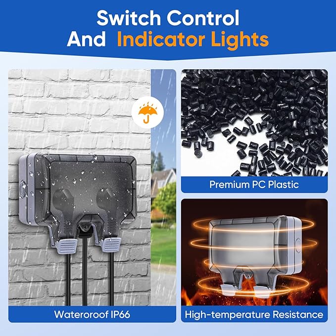 Outdoor Power Outlet,Outdoor Extension Cord Waterproof Double Wall Outlet Extender with On-Off Switch and Indicator Light，Exterior Electric External Power Outlet,Outside Outlet (19.6FT)