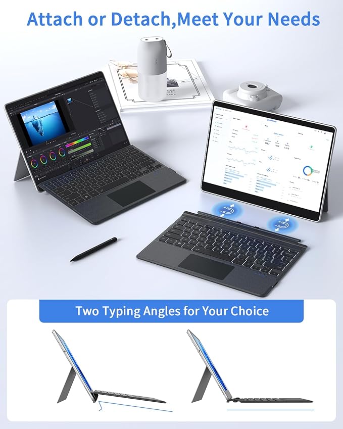 Surface Pro Keyboard, Magnetic Wireless Type Cover for Microsoft Surface Pro 7/6/5/4/3/7+, 7 Color Backlit Bluetooth 5.3 Ultra Slim Portable Keyboard with Trackpad Gray