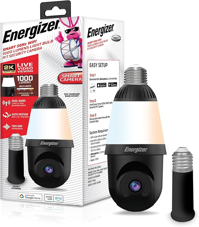Energizer Smart 2K Light Bulb Security Camera, 1000 Lumens LED Light, 5GHz & 2.4GHz Wi-Fi Outdoor Socket Camera, Auto Tracking, Pan and Tilt, Night Vision, 2-Way Audio, Works with Google Home & Alexa