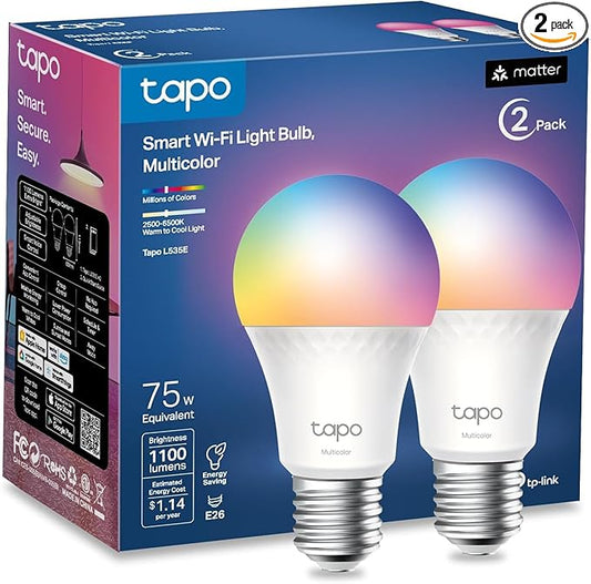 TP-Link Tapo Smart Light Bulbs, 1100 Lumens High Brightness (75W Equivalent), Matter-Certified, 16M Colors WiFi Light Bulb, Dimmable, Works w/Siri, Alexa & Google Home, A19 E26, Tapo L535E(2-Pack)