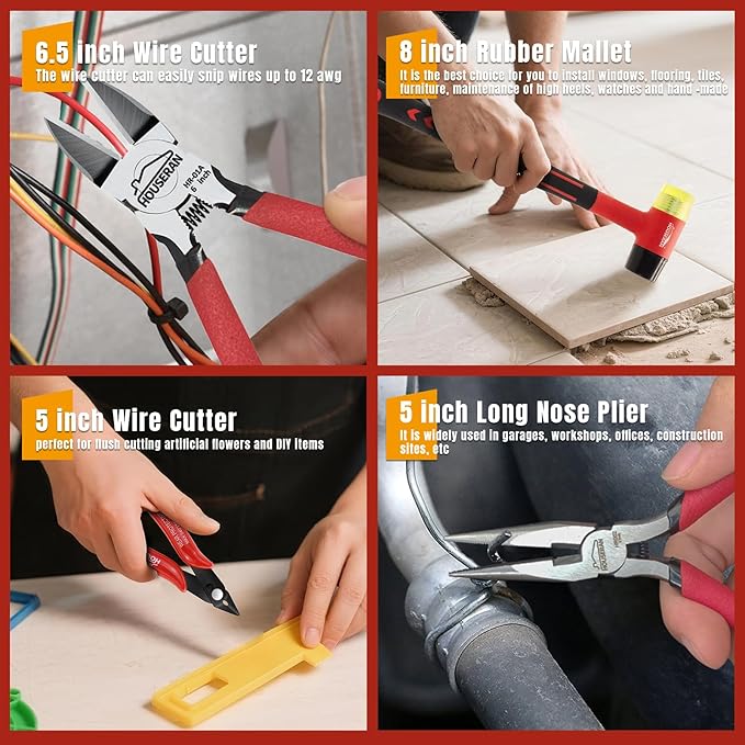 8-Piece Tool Set with Case Including 10” Groove Joint Pliers, 8.3” Long Nose, 8.3” Linesman, 7.5” Diagonal, 6” Flush Cutter, 5” Long Nose, 5” 170 Cutter, 25mm Rubber Mallet for DIY & Home Use
