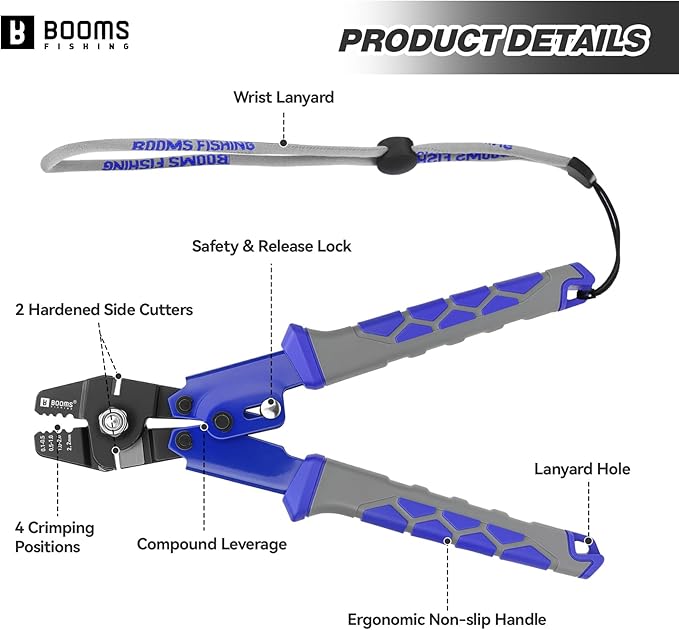 Booms Fishing Crimping Tool Kit: 10.6in Fishing Crimping Pliers with Side Wire Cutters - Up to 2.2mm Crimper, XW40