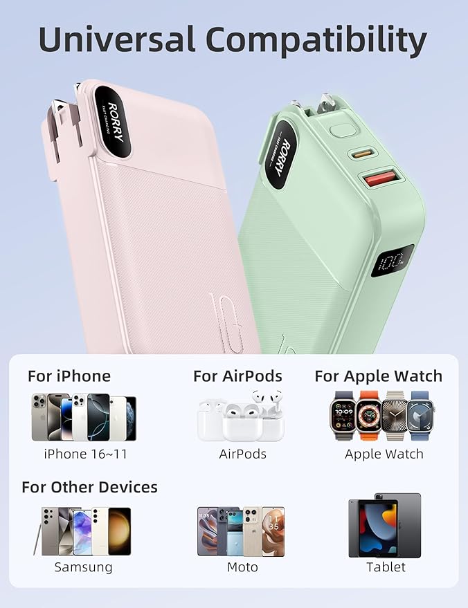 RORRY Portable Charger Built in Cables, AC Wall Plug in Portable Charger Power Bank 10000mAh Travel Battery Pack 22.5W Fast Charging for iPhone 16/15/14 Samsung Galaxy S24/S23/S22 Pixel LG iPad, Pink