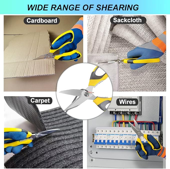 Scissors Heavy Duty 8'', Carpet Scissors, Multipurpose Scissors with Protective Cover, Stainless Steel Serrated Blades, Easy Cutting Cardboard, Leather, Fabric, Wires, Nutcracker, Yellow