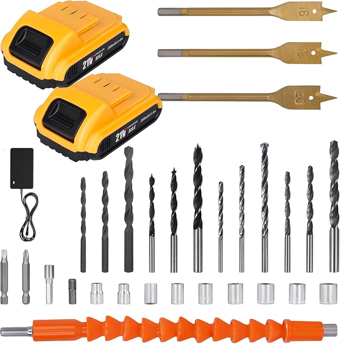 Cordless Drill Set 21V, Electric Screwdriver with 2 Batteries 2000mAh, 25+3 Torque Cordless Hammer Drill, 2-Speed, 42N.m Max, LED Work Light