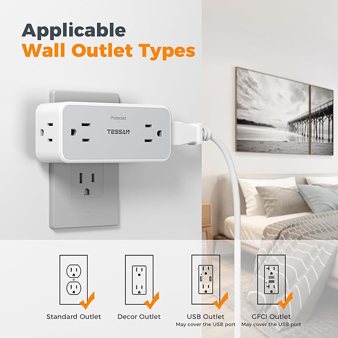 Surge Protector Outlet Extender, TESSAN 2100J Multi Plug Splitter with 4 Electrical Outlets, 3 Side Multiple Wall Plug Expander for Home Office Kitchen Dorm Room Essentials
