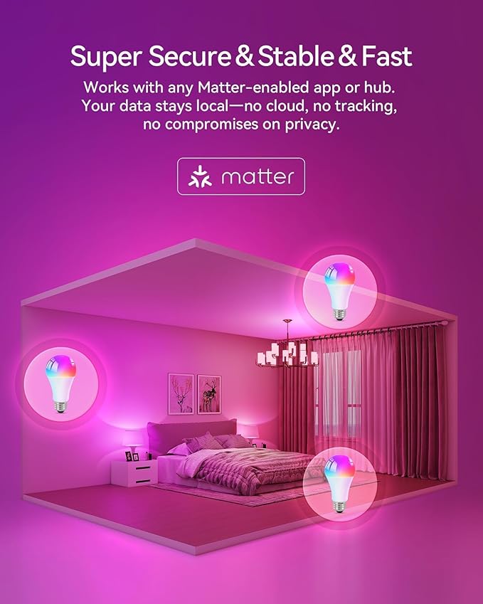Matter Smart Light Bulbs, Color Changing Light Bulb, hub Required, A19 60W,2.4Ghz WiFi only,Compatible with Alexa Google Assistant, Apple Home,16 Million Colors RGBCW 800 Lumens,4 Packs