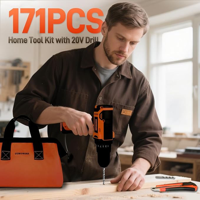 COMOWARE 171-Piece Home Tool Kit with Drill, 20V Cordless Power Drill Combo Set, Complete Household Repair Tools for Men & Women in Garden, Office, DIY Projects