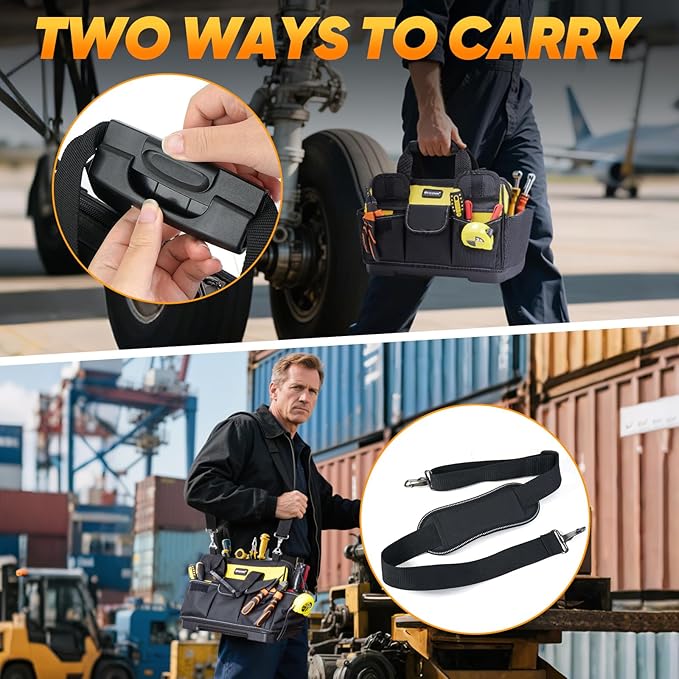 TICONN Heavy Duty Tool Bag with Multi-Pockets, Portable Tool Box Organizer Storage Bag, with Adjustable Shoulder Strap and Ergonomic Handle (Yellow, 14" Molded Base)