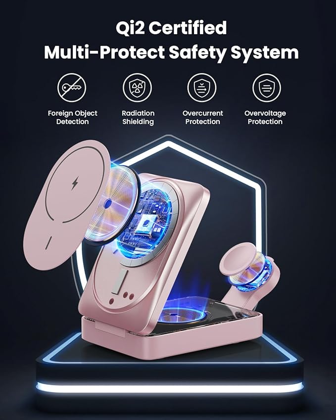 3-in-1 Wireless Charger Charging Station for iPhone, Qi2 Certified 15W Fast Charging Foldable Magnetic Charger Stand with 30W USB C Adapter for MagSafe iPhone 16/15/14/13/12, Apple Watch, AirPods