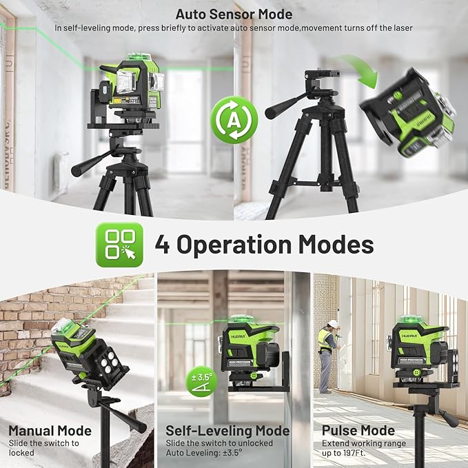 Huepar Laser Level 360 Self Leveling, 1/13 High Accuracy, 4D Green Laser Line Level with LCD Screen & Pulse Mode & Adjust Laser Brightness 4x360 Cross Line Laser -Magnetic Base, Hard Carry Case HX04CG