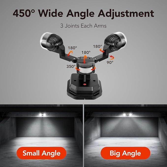 OREiN 450° Adjustable Outdoor Security Light with 3 Joints Each Arm, 2500LM 180°/40FT Motion Sensor Outdoor Lights, Dusk to Dawn Flood Light IP65 Waterproof for Garage/Garden/Door, Black (Hardwired)