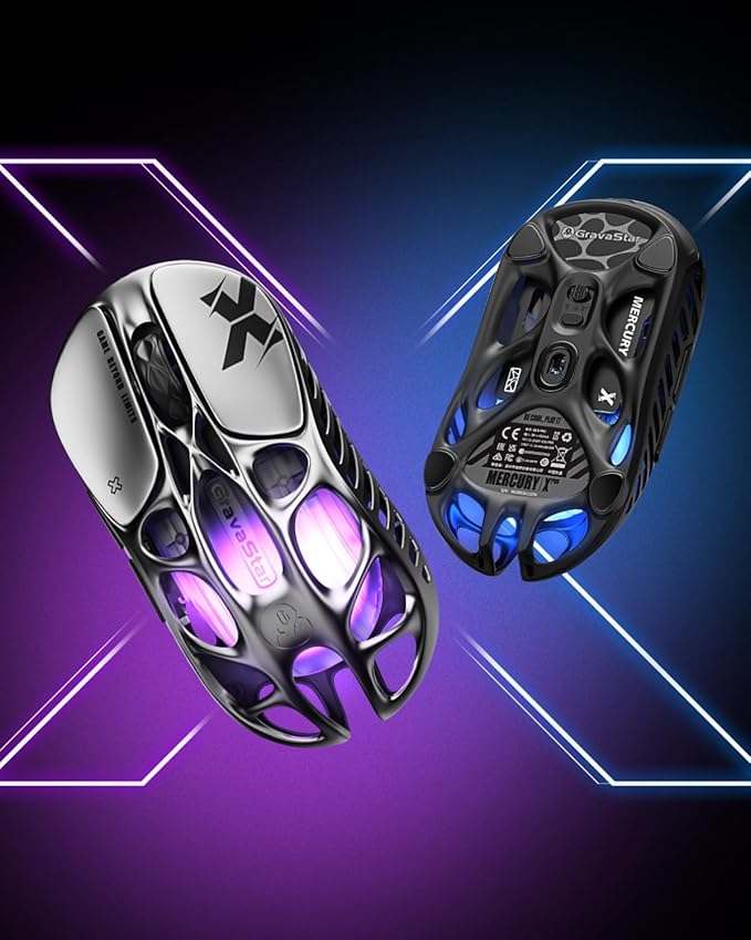 GravaStar Mercury X Wireless Gaming Mouse – 32,000 DPI PAW 3950 Sensor, 1000Hz Polling Rate, Only 49g, Magnesium Alloy Hollow Frame, RGB Lighting, 5 Programmable Buttons