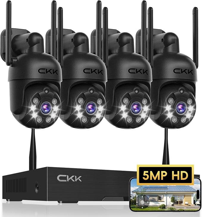 [360° View] 3K Wireless Security System, 4pcs 5MP PTZ Cameras Outdoor Indoor, WiFi Camera Outside CCTV Surveillance NVR C102 System with Floodlight Color Night Vision Motion Sensor Alarm,24/7 Record
