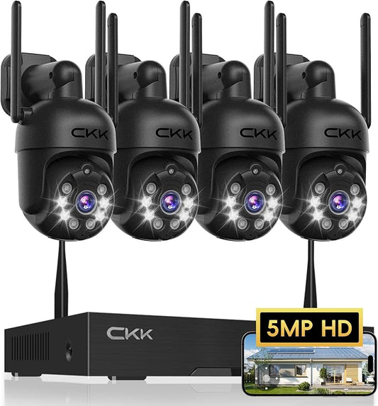 [360° View] 3K Wireless Security System, 4pcs 5MP PTZ Cameras Outdoor Indoor, WiFi Camera Outside CCTV Surveillance NVR C102 System with Floodlight Color Night Vision Motion Sensor Alarm,24/7 Record