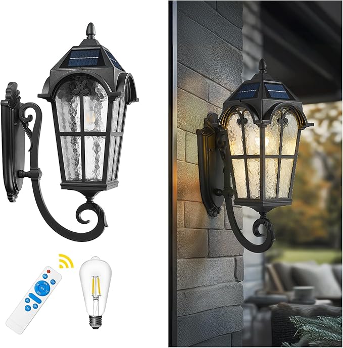 Emliviar Exterior LED Solar Wall Sconce with Remote Control, 24'' Front Door Wall Lantern with Water Glass Shade, Waterproof Solar Black Wall Light with E26 Bulb, YXE302MB-SL BK