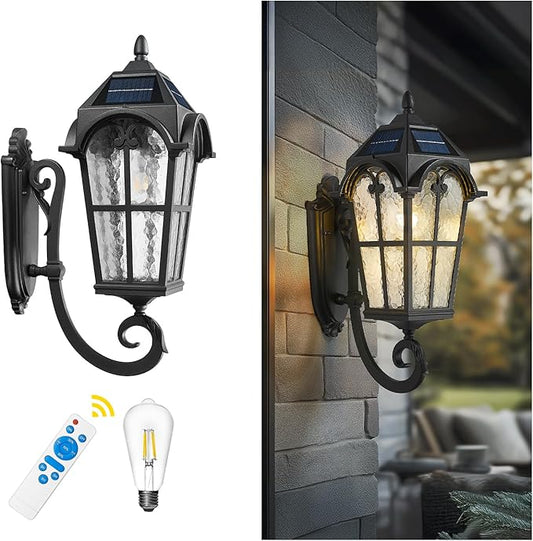 Emliviar Exterior LED Solar Wall Sconce with Remote Control, 24'' Front Door Wall Lantern with Water Glass Shade, Waterproof Solar Black Wall Light with E26 Bulb, YXE302MB-SL BK