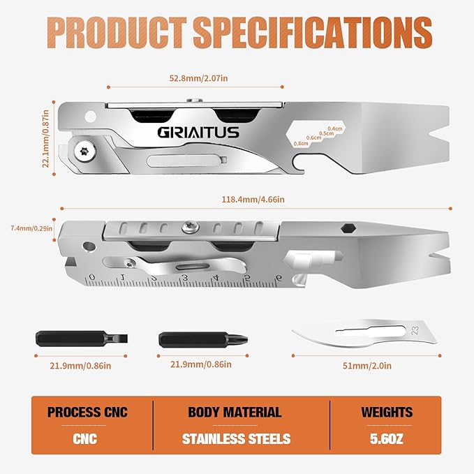 GIRIAITUS Multitool Pry Bar Tool with Multitool Knife, Bottle Opener, Hex Wrench, Screwdriver, Box Cutter Blade, Steel Handle, Everyday Carry, Cycling, Camping