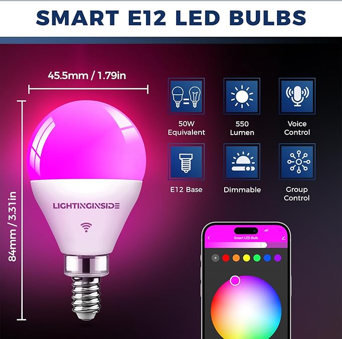 Smart Light Bulbs 50 Watt Equivalent, WiFi G16 1/2 Candelabra E12 Smart Bulbs Compatible with Alexa/Google Assistant, 5W 550LM, Ceiling Fan Light Bulbs, 2.4G WiFi Only, ETL Listed, 6PCS