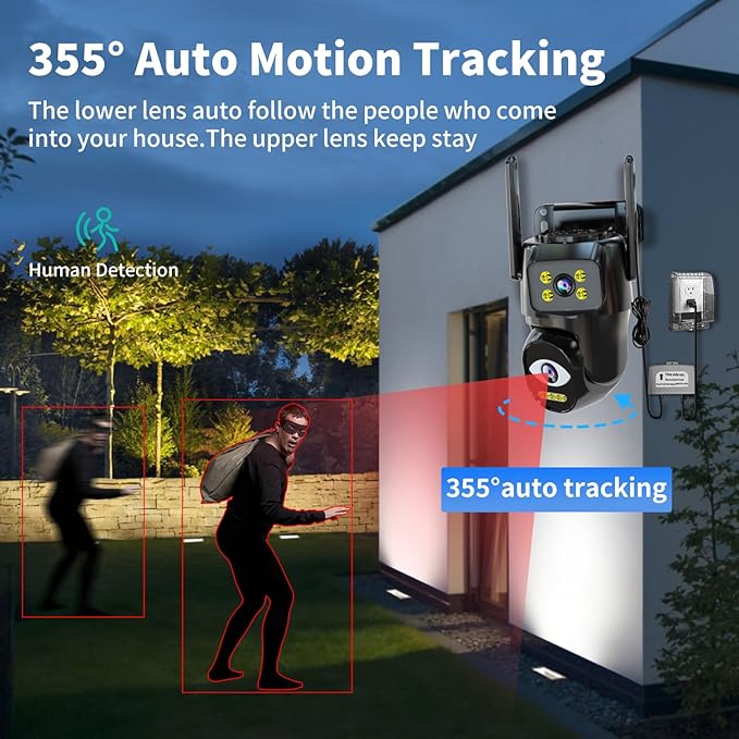 Dual Lens WiFi Security Camera Outdoor, 2.4G/5G PTZ Outdoor Plug-in Camera Auto Tracking,Home Security Surveillance System,WiFi,Night Vision,7/24 Recording