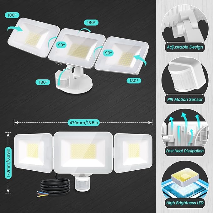 MEIKEE 100W LED Flood Lights Motion Sensor Light Outdoor, 9600lm 6500K Daylight White, IP65 Waterproof, 3 Adjustable Heads, Auto Dusk to Dawn Security Lighting for Garage, Yard, Porch, Driveway