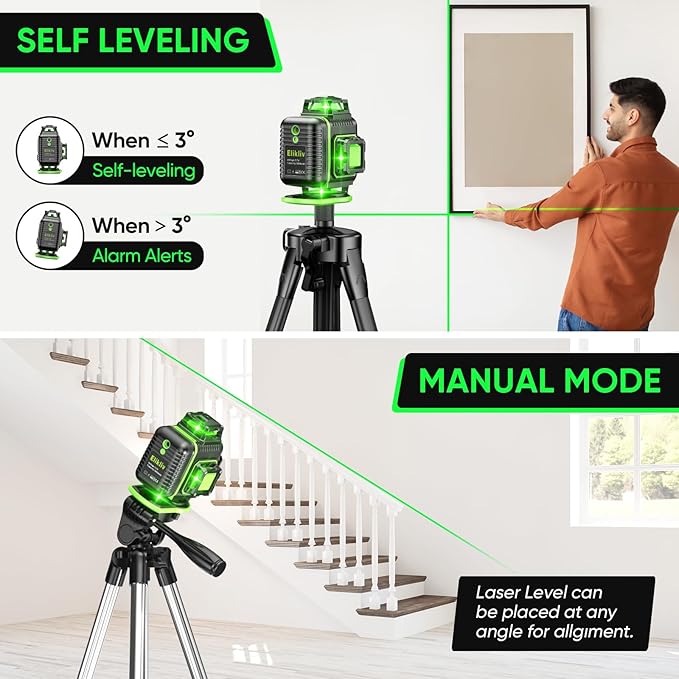 Laser Level 360 Self Leveling with Tripod, Elikliv 4D Laser Level, 165Ft Green Laser Level Lines Tool, 4x360° Cross Line Laser for Construction, Picture Hanging, Floor Tile, Renovation