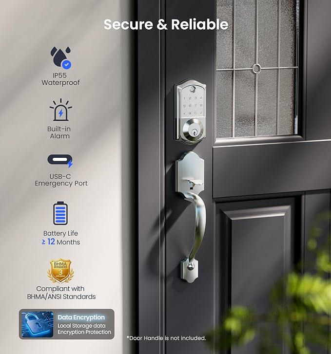 Veise VE017 Fingerprint Smart Door Lock, App Control, 7-in-1 Keyless Entry, Auto Lock, Emergency Power Port, Electronic Touchscreen Keypad, Biometric Smart Locks for Front Door, Satin Nickel