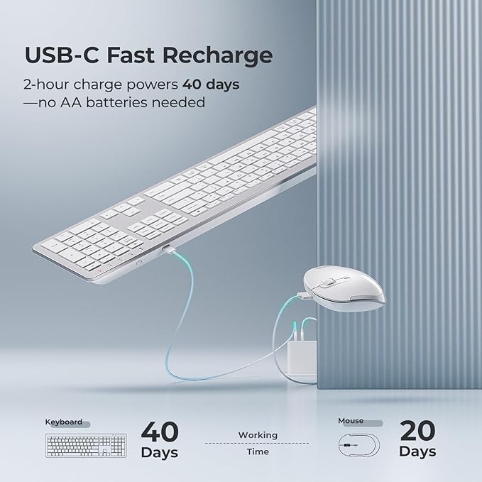 iClever Wireless Keyboard and Mouse, GK08 White Keyboard Mouse Combo, Ergonomic, Quiet, Full Size Design with Number Pad, 2.4G Connection for Mac, Windows and Computer