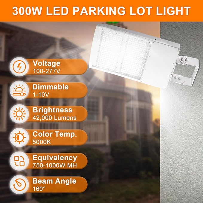 300W White LED Parking Lot Light, 42000LM LED Shoebox Area Light [1000W MH/HPS Equiv.], 5000K Dimmable Outdoor Street Lighting Fixture with Surge Protection Built-in, IP65 AC100-277V UL&DLC Listed