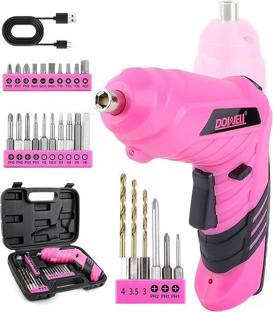 DOWELL Power Electric Cordless Screwdriver Set Rechargeable 3.6V Power Screwdriver Kit Tools for Women with 27pcs Accessories Pink