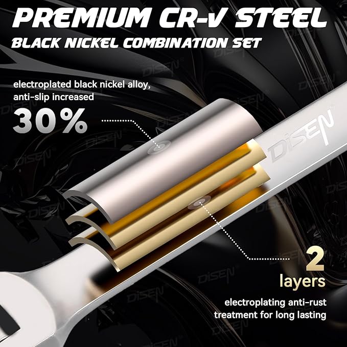 DISEN Ratcheting Wrench Set SAE Upgraded Open&Box End 90 Teeth 5/16", 3/8", 7/16", 1/2", 9/16", 5/8", 11/16", 3/4" Combination Ratchet Wrenches with Organizer, Black Nickel Coated,CR-V Steel (8PCS)