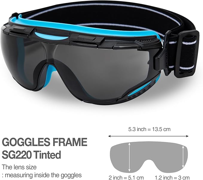 DEX FIT Protective Safety Goggles SG220; Anti Fog & Scratch, Z87 Eye Protection for Work, Adjustable for Women and Men, (Black & Blue Frame, Tinted Lens, 30cm Strap)