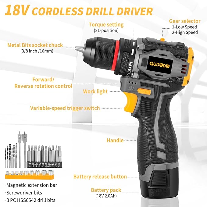 QUDODO Brushless Compact Drill Tool Set, 120PCS 45N. m 18V Cordless Drill Kit with 2 Battery, Woman Household Tool Kit with Electric Driver, Taladro Set with Inalámbrico for Daily Home Basic Repair
