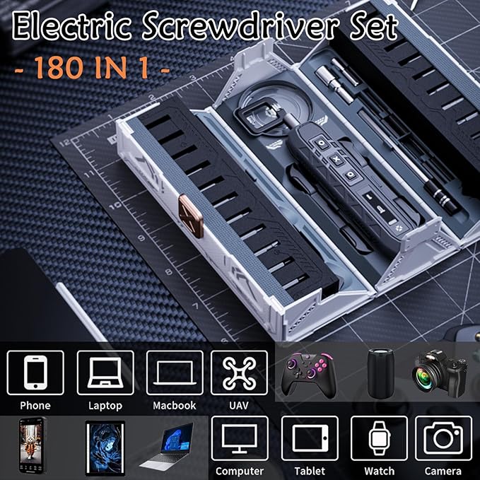 Electric Screwdriver Set, 180 In 1 Electric Precision Screwdriver Set with 160 Magnetic Bits, Magnetic Storage, Power Screwdriver Repair Tool Kit for Computer Phone Laptop & Electronics Repair