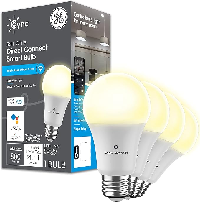 GE CYNC Smart LED Light Bulbs, A19 Medium Base, Soft White, 60W Equivalent, Bluetooth and WiFi Light Bulbs, Works with Alexa and Google Home, Dimmable, 4 Pack