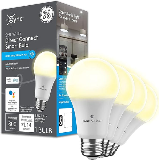 GE CYNC Smart LED Light Bulbs, A19 Medium Base, Soft White, 60W Equivalent, Bluetooth and WiFi Light Bulbs, Works with Alexa and Google Home, Dimmable, 4 Pack