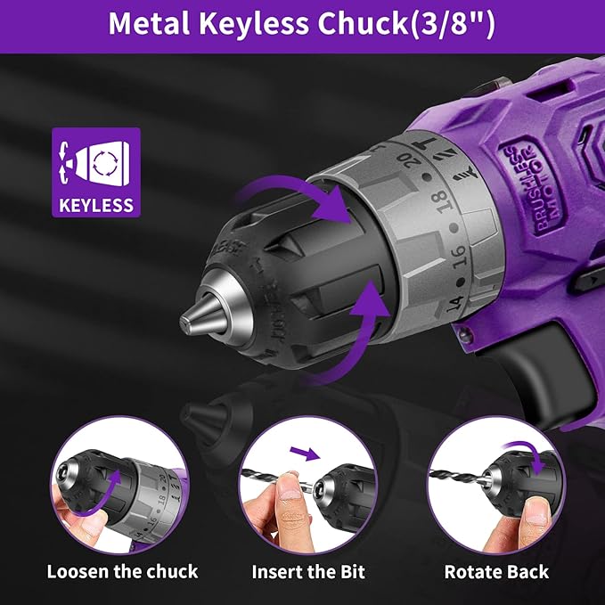 Brushless Cordless Drill Set, 20V Compact Power Driver, Purple Electric Motor, 20+3 Torque Setting, 48 N.m, 2 Variable Speed, 23pcs Driver Bits, With Tool Box