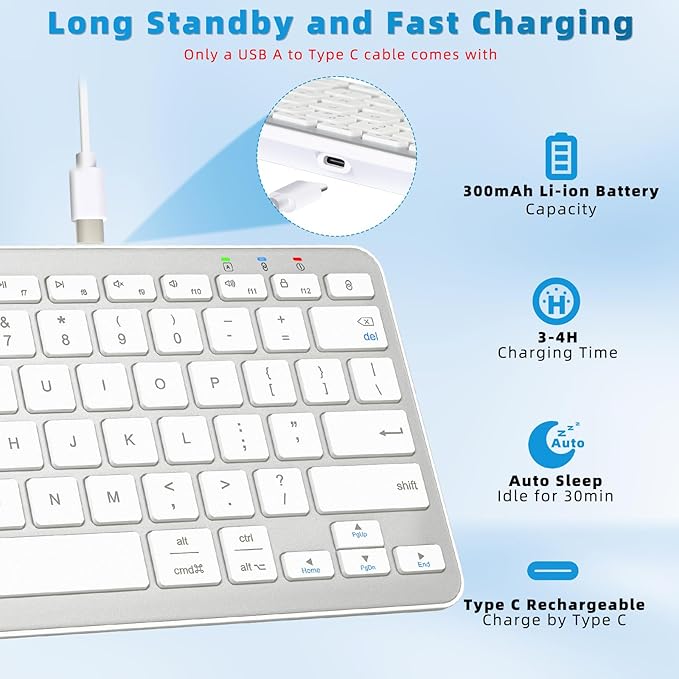 Bluetooth Keyboard, Ultra-Slim Wireless Keyboard for iPad, Rechargeable Ergonomic Computer Keyboard for iOS, Android, Windows PC Tablets Phone, White Silver